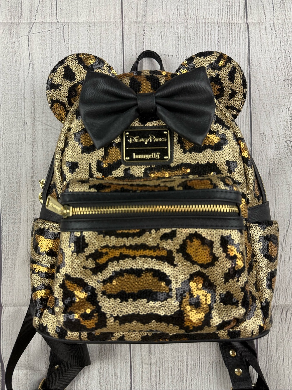EUC! Disney Parks Loungefly Animal Kingdom Minnie Leopard Sequin Backpack